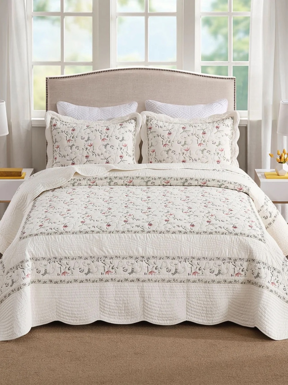 3 PIECE OVERSIZED 100% COTTON EMBROIDERED FLORAL QUILT BEDSPREAD